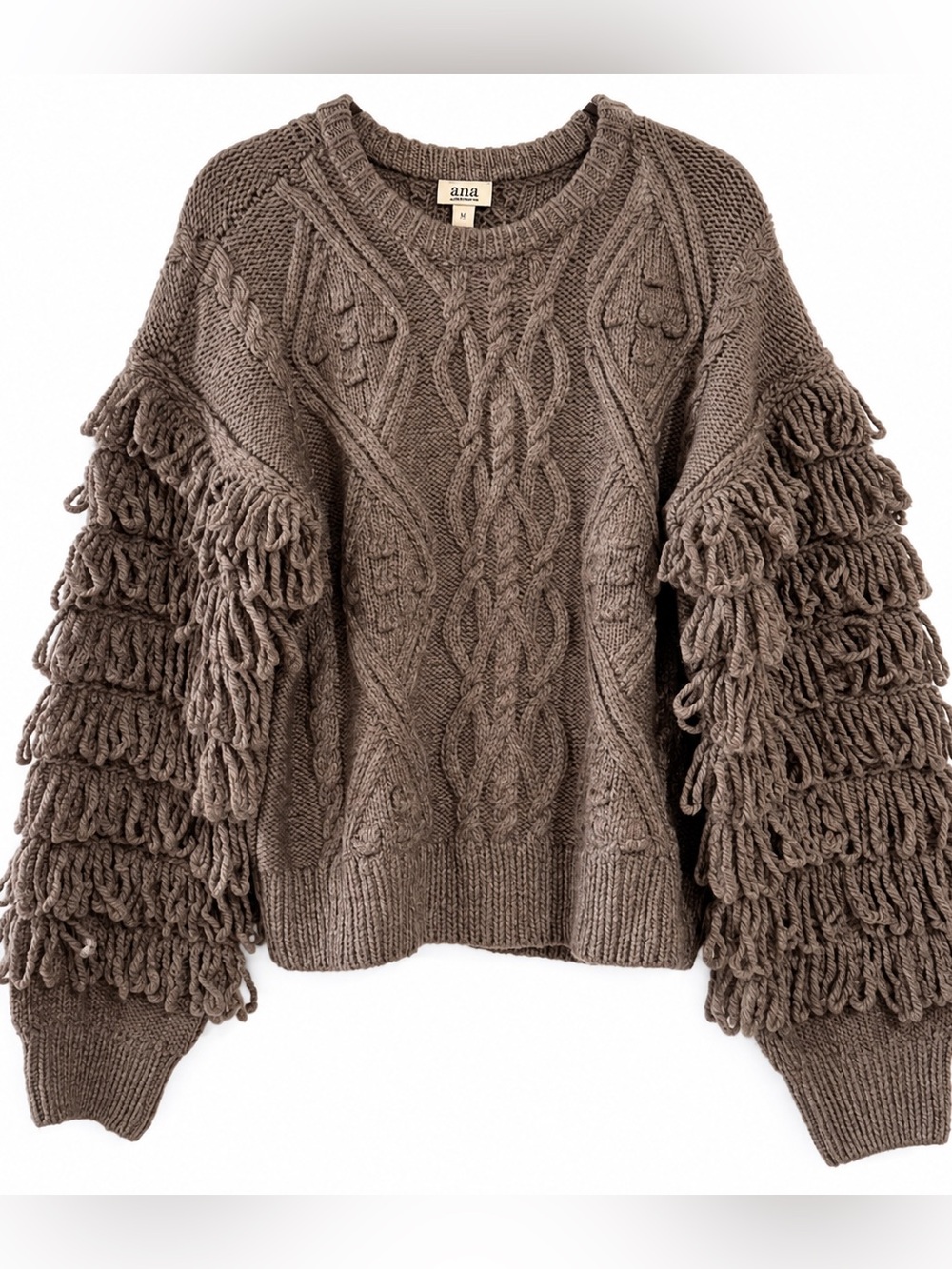 NWT! A.N.A. Heather's Brown Wool Blend Cable Knit Sweater with Fringe Sleeves